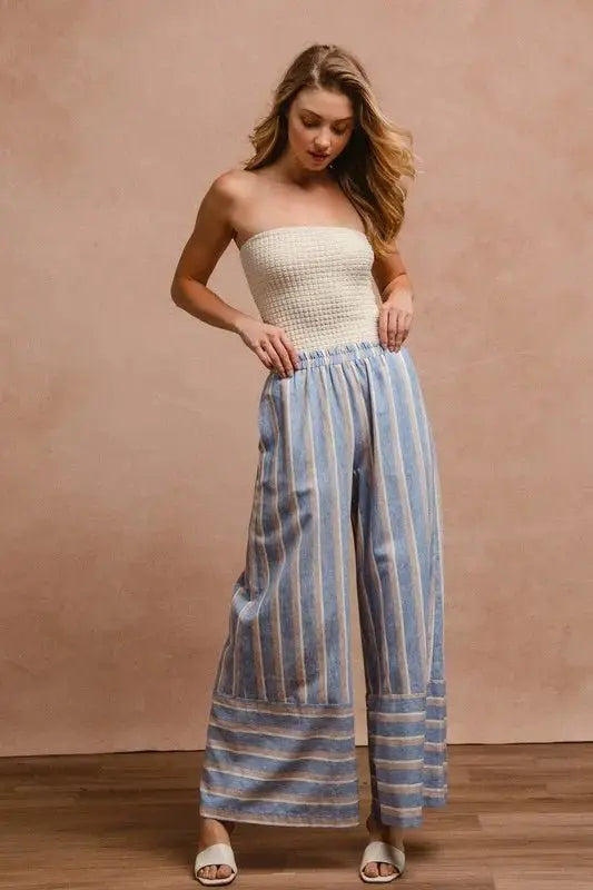 BiBi Striped Wide Leg Pants with Pockets for Women - Love Salve